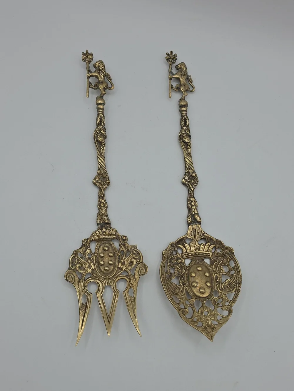 Montagnani Italy Brass Ornate Serving Spoon/Fork - Lion Handles